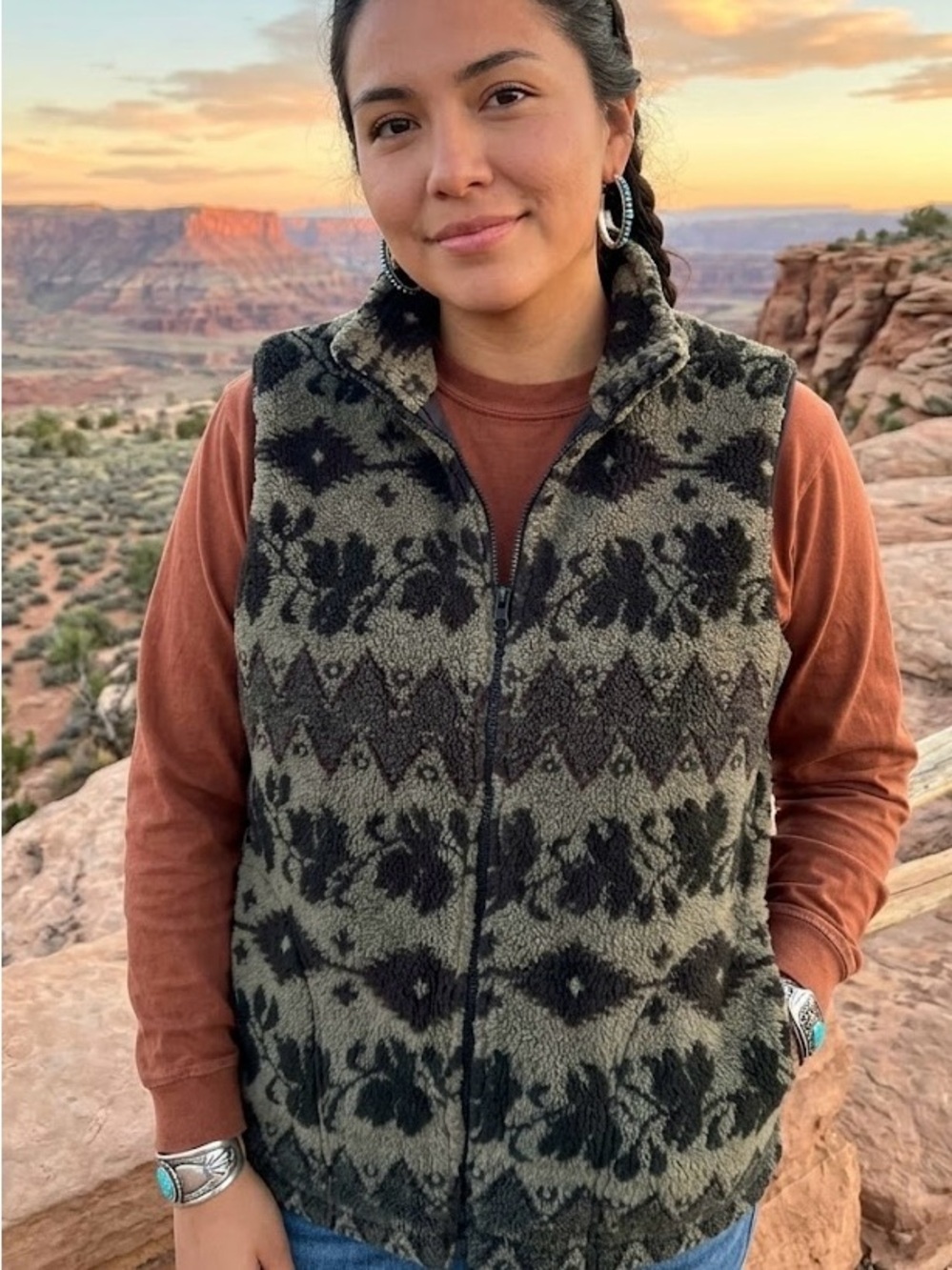 Northern Reflections Aztec Floral Fleece Vest Boho Fuzzy Southwestern Relaxed